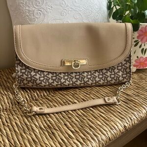 DKNY Beige and Brown Monogram Clutch with Chain Strap. Excellent condition